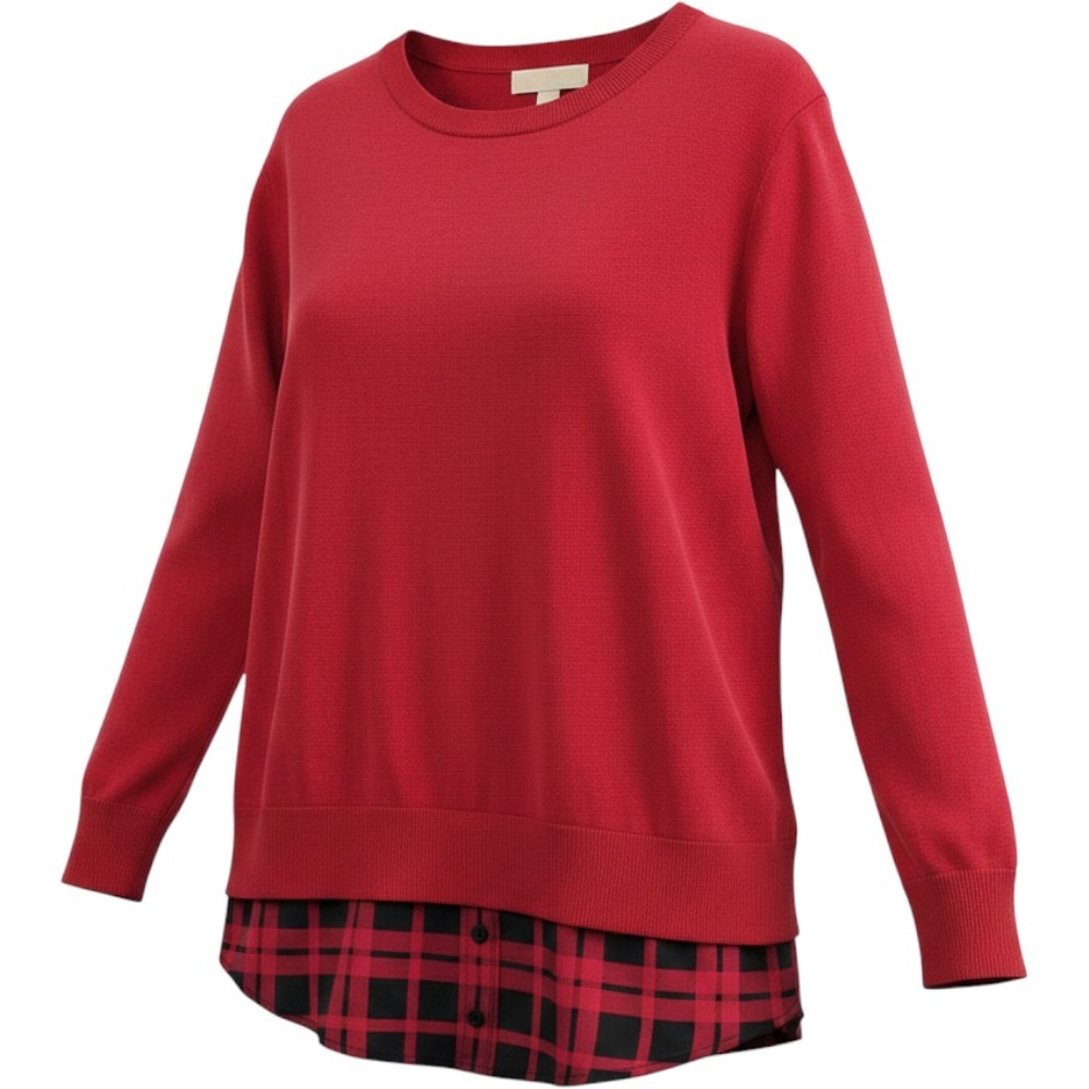 Michael Kors Sweater Womens S Red Plaid Layered‎ Hem Crew Neck Long Sleeve Top